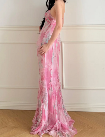 Stunning Pink Print Spaghetti Strap Mermaid Chiffon Long Prom Dress Evening Dress P4870