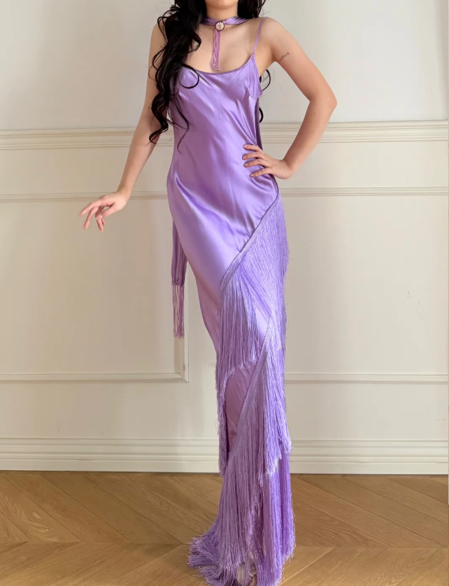 Gorgeous Purple Spaghetti Strap Multi-Layer Tassel Satin Long Prom Dress Evening Dress P4871