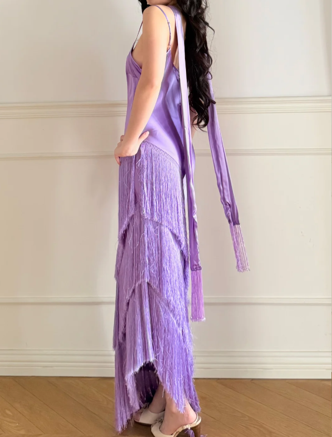 Gorgeous Purple Spaghetti Strap Multi-Layer Tassel Satin Long Prom Dress Evening Dress P4871