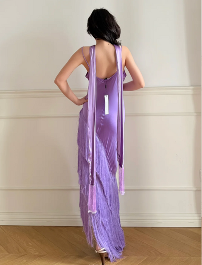 Gorgeous Purple Spaghetti Strap Multi-Layer Tassel Satin Long Prom Dress Evening Dress P4871
