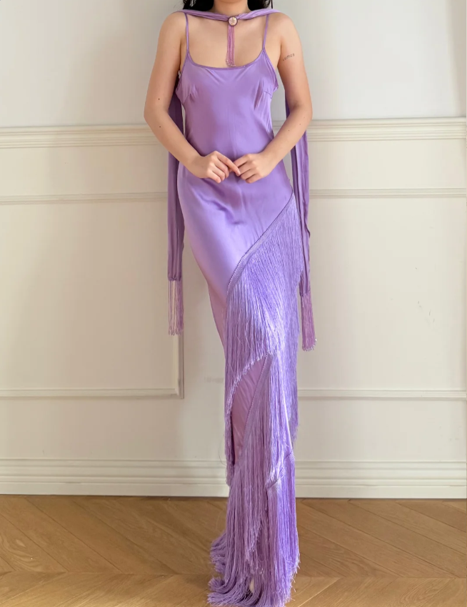 Gorgeous Purple Spaghetti Strap Multi-Layer Tassel Satin Long Prom Dress Evening Dress P4871