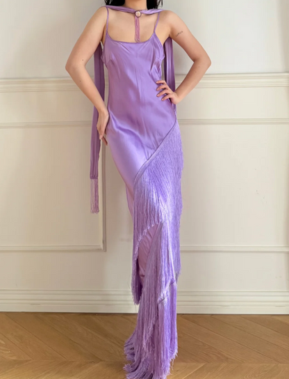 Gorgeous Purple Spaghetti Strap Multi-Layer Tassel Satin Long Prom Dress Evening Dress P4871
