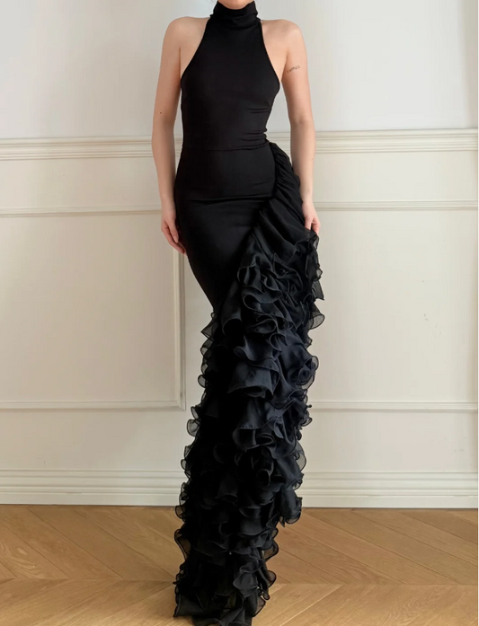 Modern Black Halter High Neck Backless Layered Ruffle Mermaid Satin Long Prom Dress Evening Dress P4872