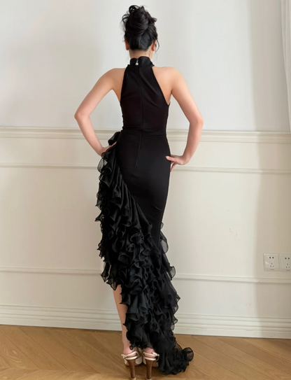 Modern Black Halter High Neck Backless Layered Ruffle Mermaid Satin Long Prom Dress Evening Dress P4872