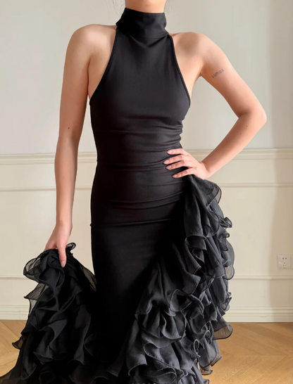 Modern Black Halter High Neck Backless Layered Ruffle Mermaid Satin Long Prom Dress Evening Dress P4872