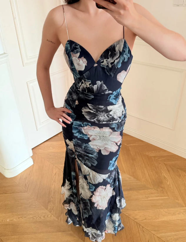 Vintage Dunkelblau bedruckt Spaghettiträger Seitenschlitz Meerjungfrau Chiffon Langes Ballkleid Abendkleid P4875