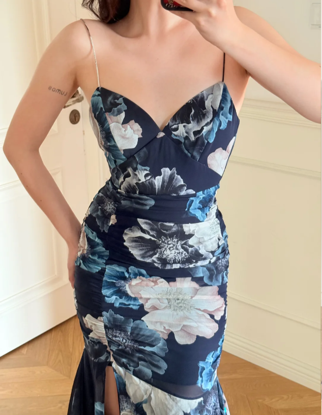 Vintage Dunkelblau bedruckt Spaghettiträger Seitenschlitz Meerjungfrau Chiffon Langes Ballkleid Abendkleid P4875