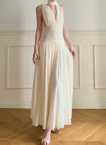 Elegantes Off-White Neckholder V-Ausschnitt Rückenfreies Plissiertes Chiffon A-Linien Langes Ballkleid Abendkleid P4877