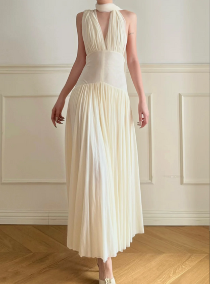 Elegantes Off-White Neckholder V-Ausschnitt Rückenfreies Plissiertes Chiffon A-Linien Langes Ballkleid Abendkleid P4877