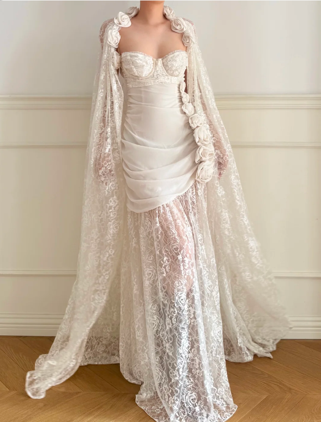 Robe de mariée longue en dentelle dos nu avec roses 3D blanches style vintage P4879
