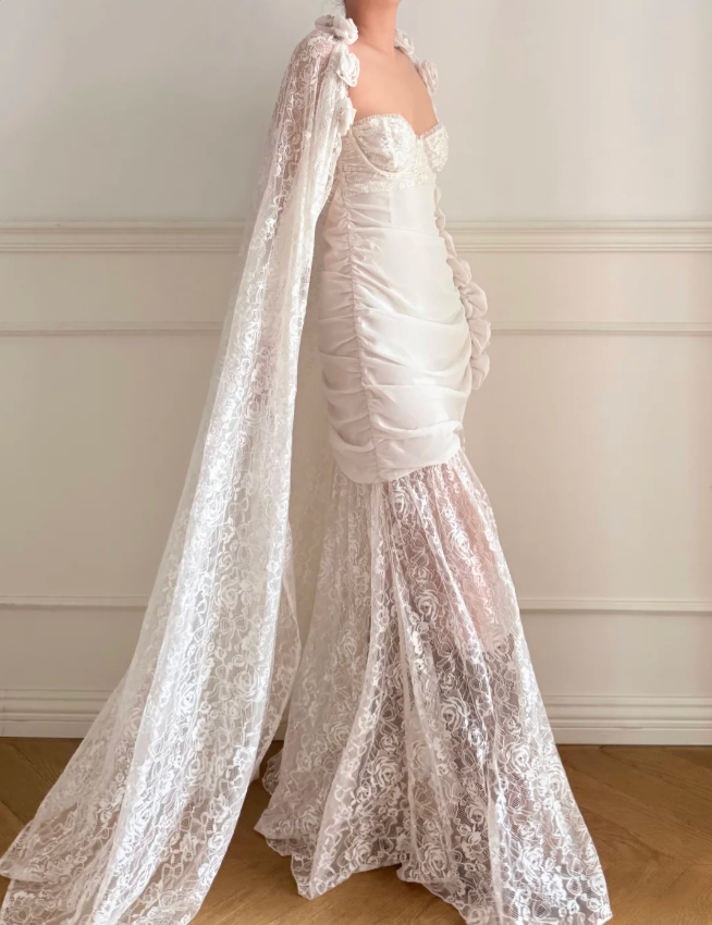 Robe de mariée longue en dentelle dos nu avec roses 3D blanches style vintage P4879