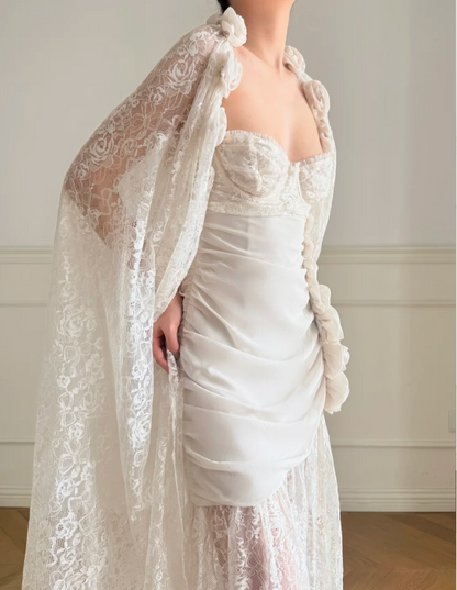 Robe de mariée longue en dentelle dos nu avec roses 3D blanches style vintage P4879