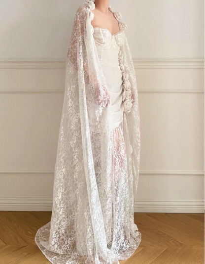 Robe de mariée longue en dentelle dos nu avec roses 3D blanches style vintage P4879