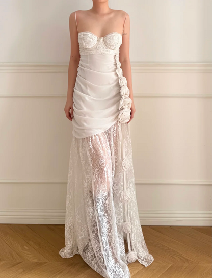 Robe de mariée longue en dentelle dos nu avec roses 3D blanches style vintage P4879