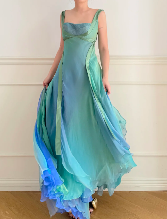 Verträumtes Cyanblaues Farbverlauf Quadratischer Ausschnitt Rückenfreies A-Linien Chiffon Langes Ballkleid Abendkleid P4880