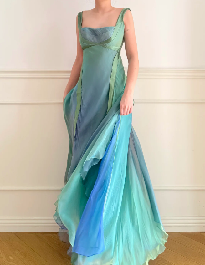 Verträumtes Cyanblaues Farbverlauf Quadratischer Ausschnitt Rückenfreies A-Linien Chiffon Langes Ballkleid Abendkleid P4880