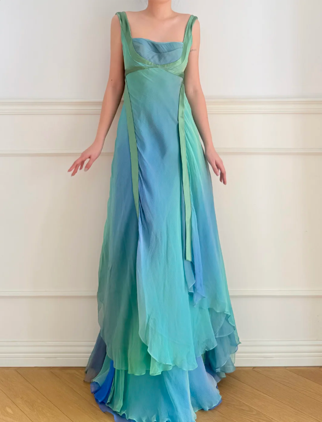 Verträumtes Cyanblaues Farbverlauf Quadratischer Ausschnitt Rückenfreies A-Linien Chiffon Langes Ballkleid Abendkleid P4880