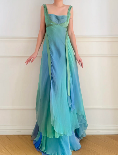 Verträumtes Cyanblaues Farbverlauf Quadratischer Ausschnitt Rückenfreies A-Linien Chiffon Langes Ballkleid Abendkleid P4880