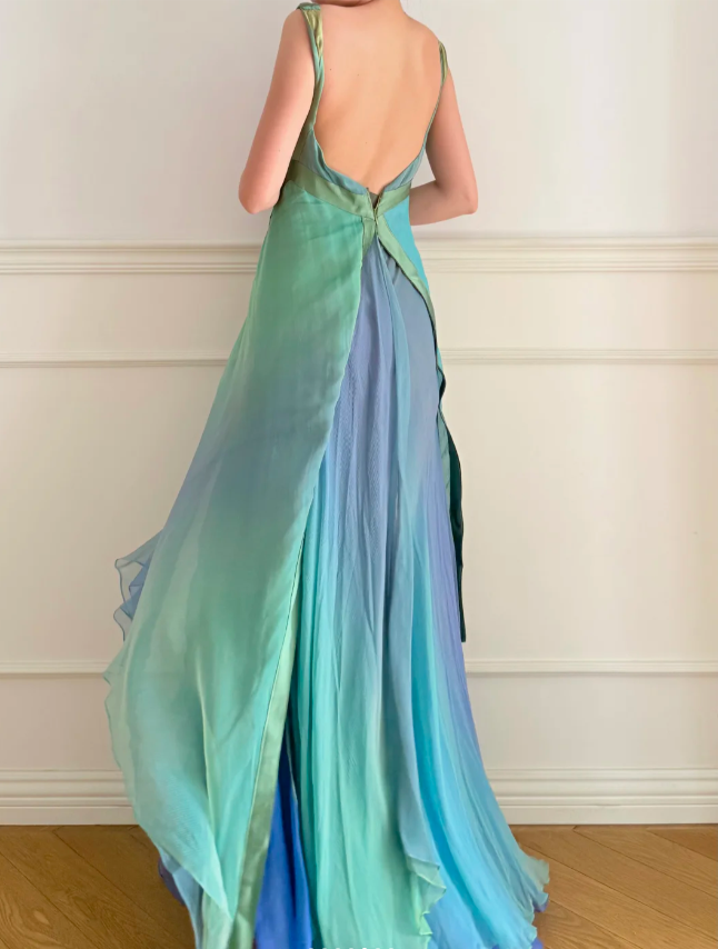 Dreamy Cyan Blue Gradient Square Neck Backless A-Line Chiffon Long Pro – PreppyDress