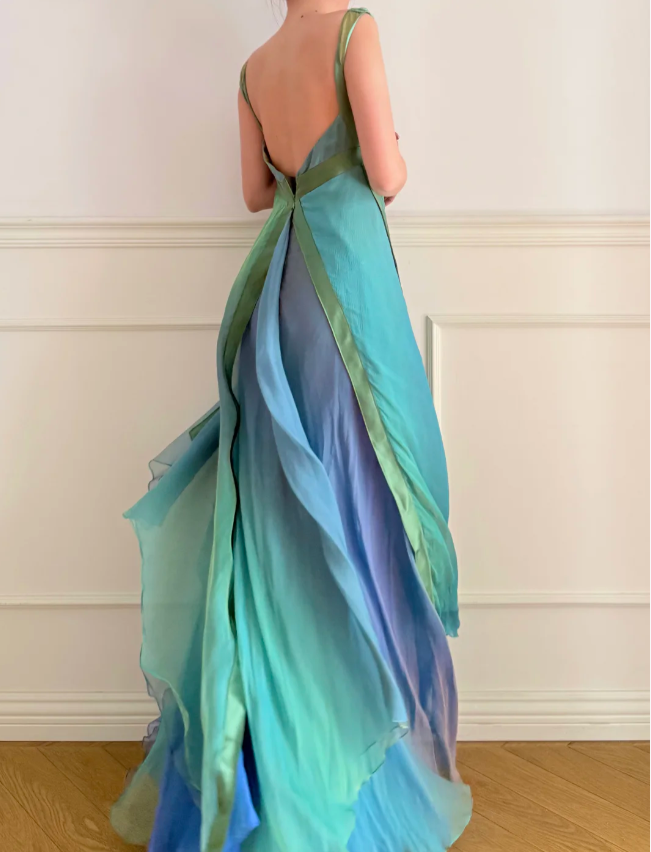 Dreamy Cyan Blue Gradient Square Neck Backless A-Line Chiffon Long Pro – PreppyDress