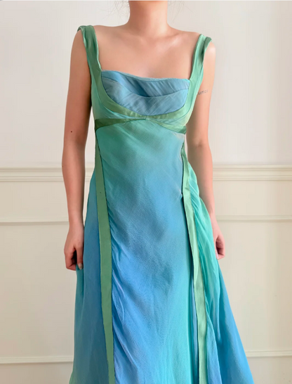 Verträumtes Cyanblaues Farbverlauf Quadratischer Ausschnitt Rückenfreies A-Linien Chiffon Langes Ballkleid Abendkleid P4880
