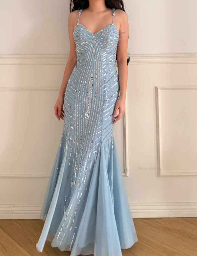 Wunderschönes eisblaues Spaghettiträger-Kleid mit V-Ausschnitt, Meerjungfrauen-Silhouette, rückenfrei, Pailletten und Tüll, langes Ballkleid Abendkleid P4882
