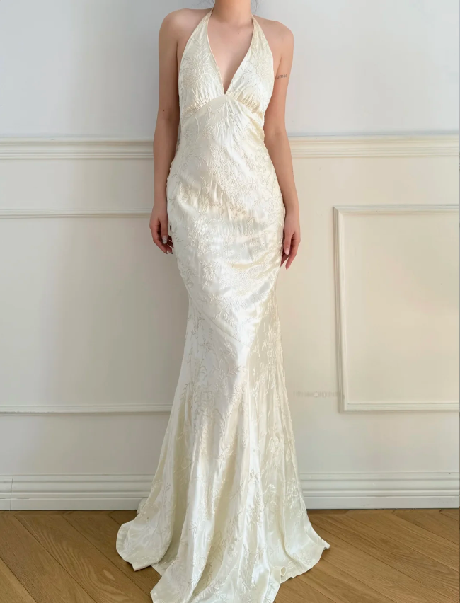 Vintage Elfenbein Neckholder V-Ausschnitt Meerjungfrau Jacquard Satin Langes Ballkleid Abendkleid P4883