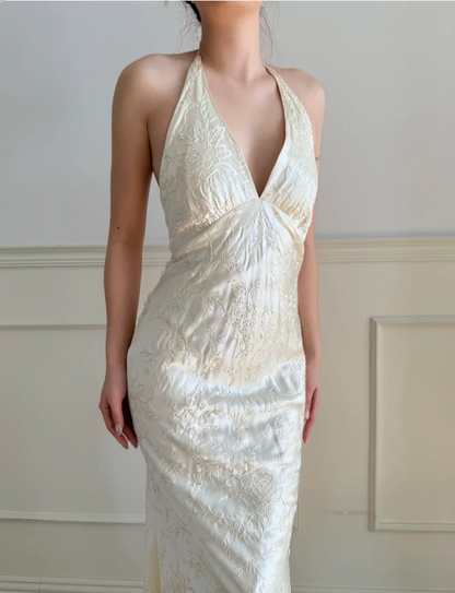 Vintage Elfenbein Neckholder V-Ausschnitt Meerjungfrau Jacquard Satin Langes Ballkleid Abendkleid P4883