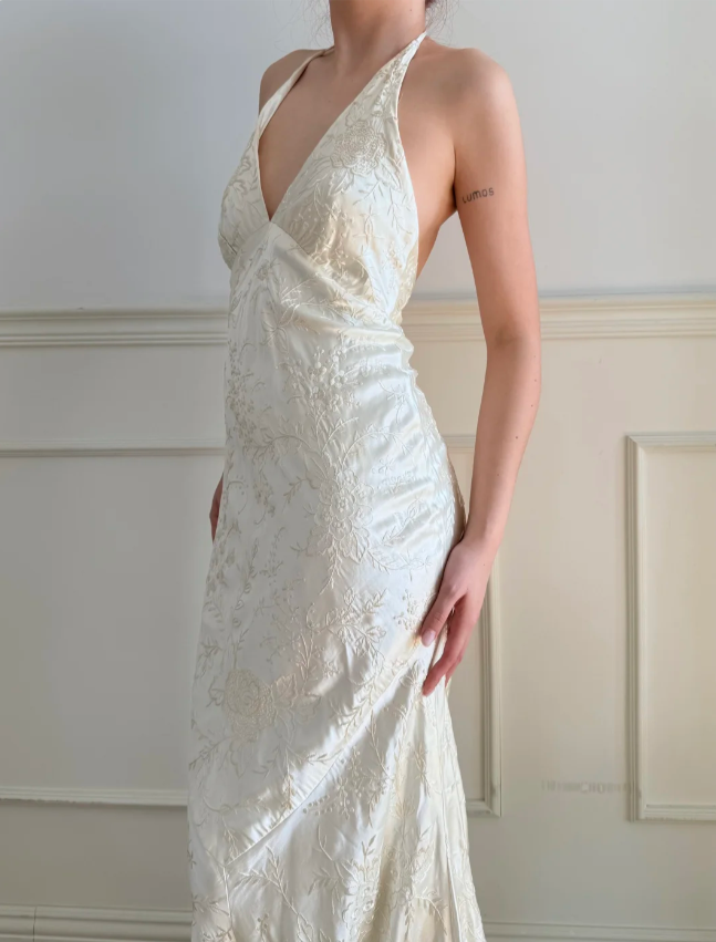 Vintage Elfenbein Neckholder V-Ausschnitt Meerjungfrau Jacquard Satin Langes Ballkleid Abendkleid P4883