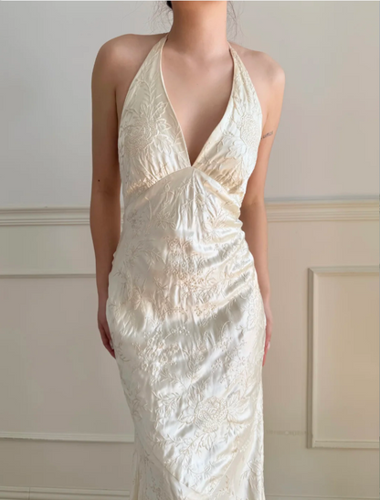 Vintage Elfenbein Neckholder V-Ausschnitt Meerjungfrau Jacquard Satin Langes Ballkleid Abendkleid P4883