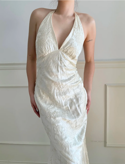 Vintage Elfenbein Neckholder V-Ausschnitt Meerjungfrau Jacquard Satin Langes Ballkleid Abendkleid P4883