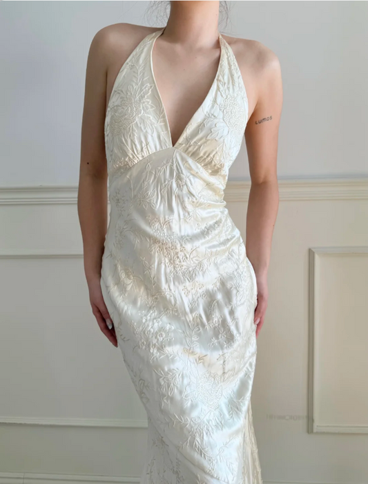 Robe de bal longue sirène en satin jacquard, col licou en V, couleur ivoire vintage, P4883