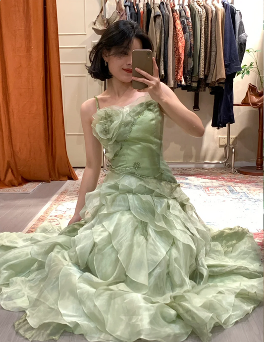 Fresh Mint Green Spaghetti Strap 3D Rose Applique Layered Ruffle Train Organza Prom Dress Evening Dress P4885