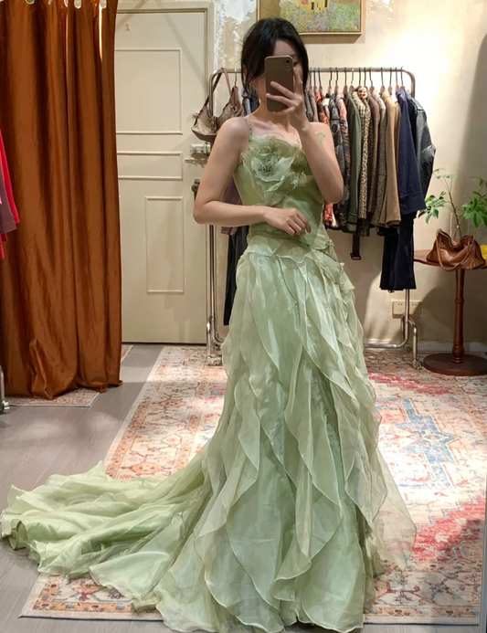 Fresh Mint Green Spaghetti Strap 3D Rose Applique Layered Ruffle Train Organza Prom Dress Evening Dress P4885