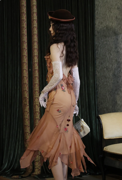 Vintage Meerjungfrau Spaghetti-Träger Rüschen V-Ausschnitt Besticktes Chiffon Ballkleid Abendkleid P4886
