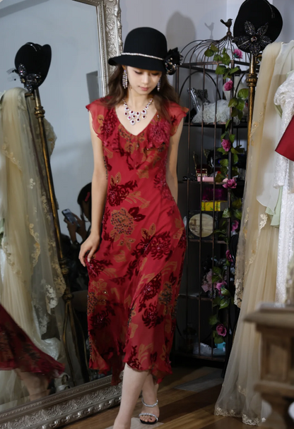 Vintage Burgundy Ruffle V-Neck Asymmetrical Mermaid Chiffon Prom Dress Evening Dress P4887