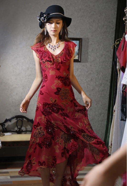 Vintage Burgundy Ruffle V-Neck Asymmetrical Mermaid Chiffon Prom Dress Evening Dress P4887