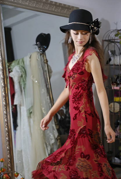 Vintage Burgundy Ruffle V-Neck Asymmetrical Mermaid Chiffon Prom Dress Evening Dress P4887