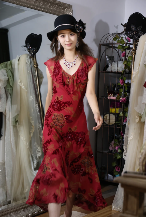Vintage Burgundy Ruffle V-Neck Asymmetrical Mermaid Chiffon Prom Dress Evening Dress P4887