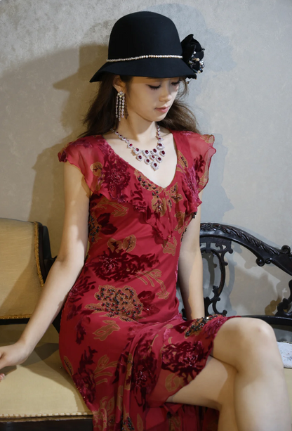 Vintage Burgundy Ruffle V-Neck Asymmetrical Mermaid Chiffon Prom Dress Evening Dress P4887