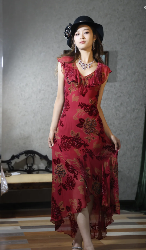 Vintage Burgundy Ruffle V-Neck Asymmetrical Mermaid Chiffon Prom Dress Evening Dress P4887