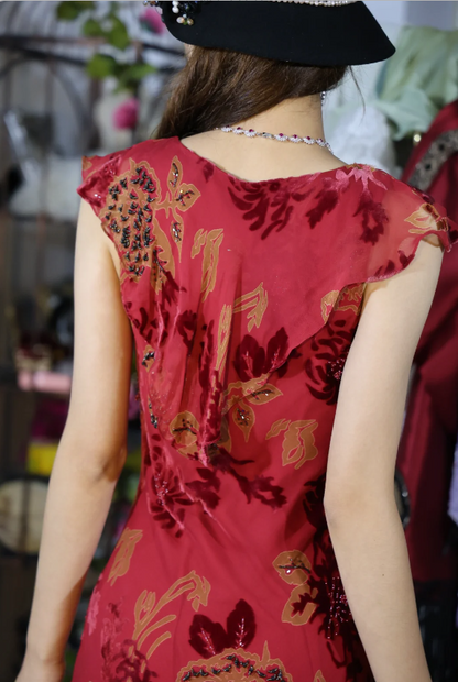 Vintage Burgundy Ruffle V-Neck Asymmetrical Mermaid Chiffon Prom Dress Evening Dress P4887