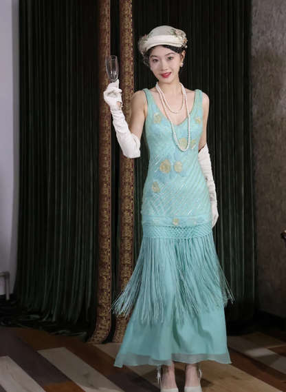 Vintage Blue Sleeveless V-Neck Tassel Beaded Chiffon Long Prom Dress Evening Dress P4888