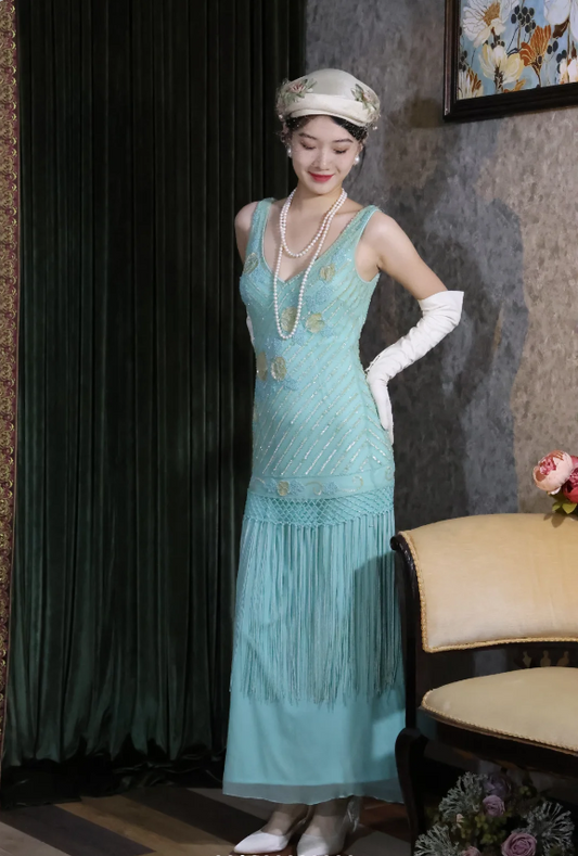 Vintage Blue Sleeveless V-Neck Tassel Beaded Chiffon Long Prom Dress Evening Dress P4888
