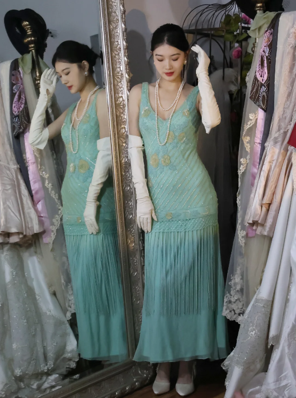 Vintage Blue Sleeveless V-Neck Tassel Beaded Chiffon Long Prom Dress Evening Dress P4888