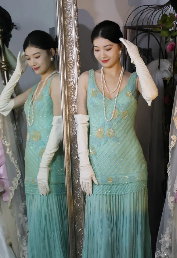 Vintage Blue Sleeveless V-Neck Tassel Beaded Chiffon Long Prom Dress Evening Dress P4888