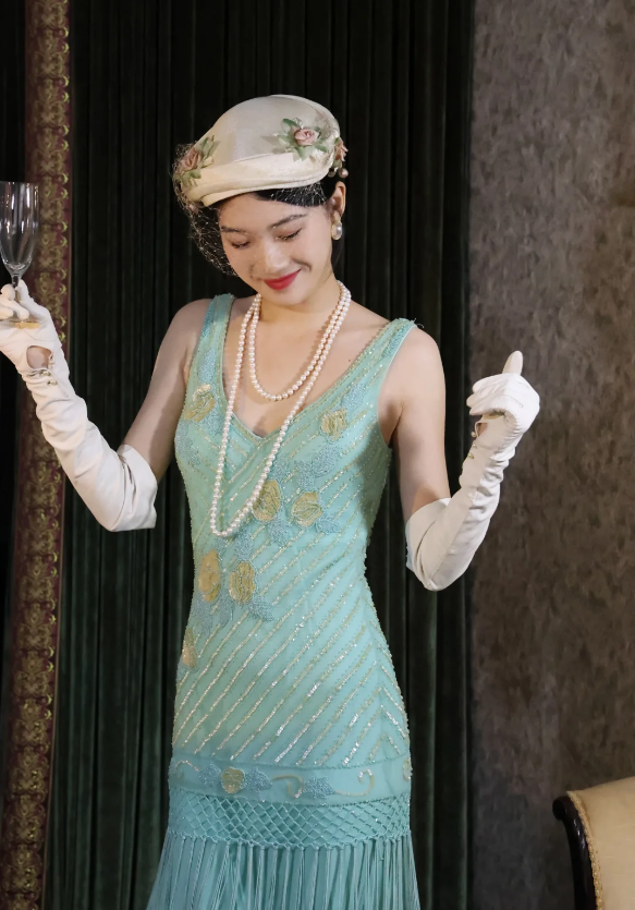 Vintage Blue Sleeveless V-Neck Tassel Beaded Chiffon Long Prom Dress Evening Dress P4888