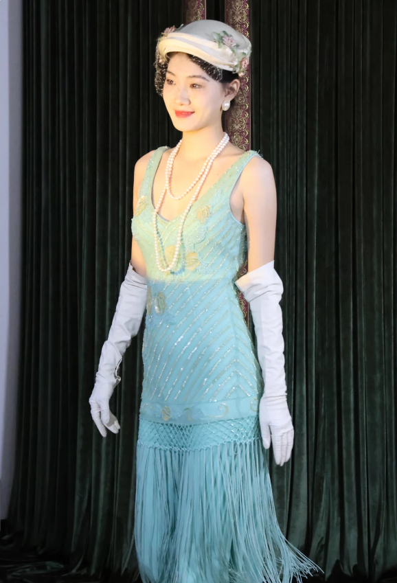 Vintage Blue Sleeveless V-Neck Tassel Beaded Chiffon Long Prom Dress Evening Dress P4888