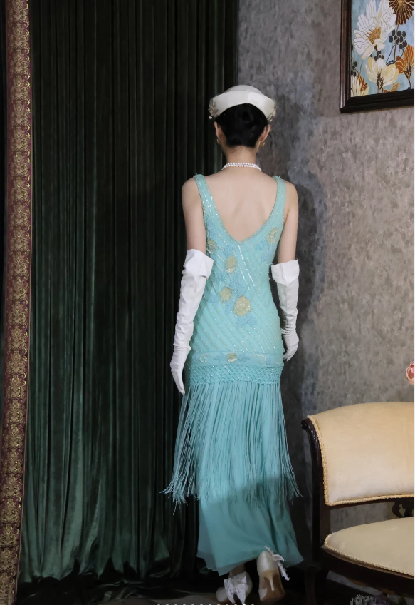 Vintage Blue Sleeveless V-Neck Tassel Beaded Chiffon Long Prom Dress Evening Dress P4888