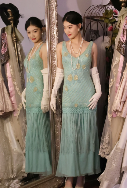 Vintage Blue Sleeveless V-Neck Tassel Beaded Chiffon Long Prom Dress Evening Dress P4888